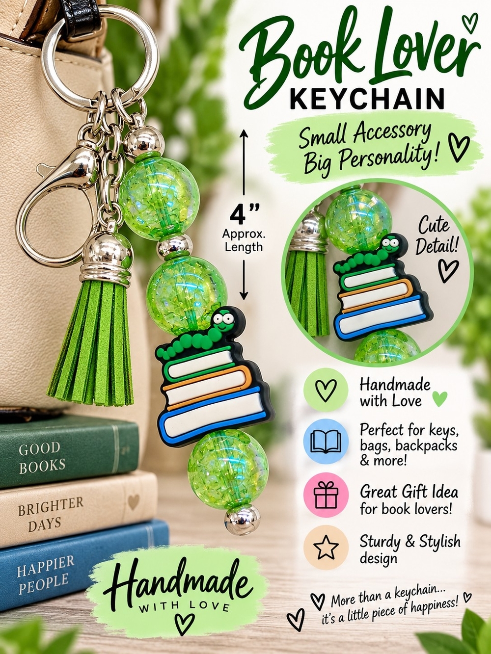 A85. Handmade with Love Book Lover Keychain Green & Silver NWT